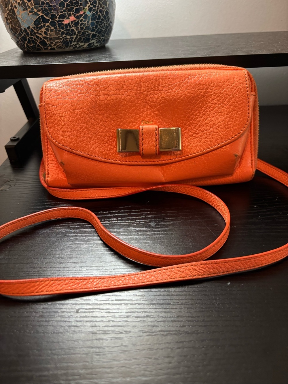 Authentic Chloé Lily Bow 2-Way Crossbody Bag – Vibrant Orange Pebbled Leather